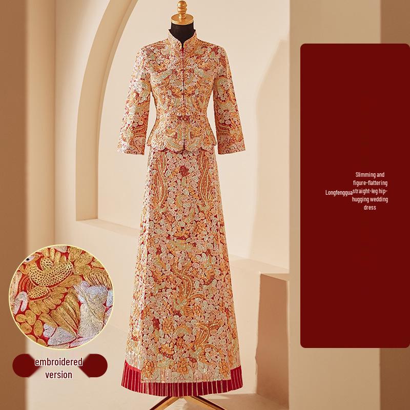 2025 Embroidered Dragon & Phoenix Kua Xiuhe Wedding Dress - Retro Chinese Slim Fit Bridal Toasting Gown