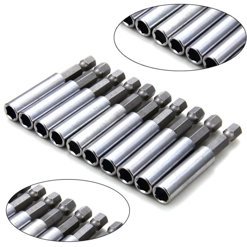 10Pcs 60mm Magnetic Screwdriver Extension Bit Tips Holder 1/4in Hex Shank Set(Silver Color)