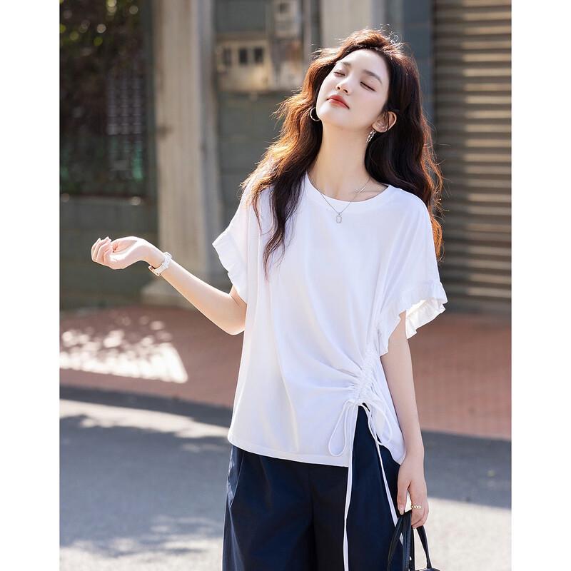 Women's Asymmetric Drawstring Pleated Cotton Spandex T-shirt