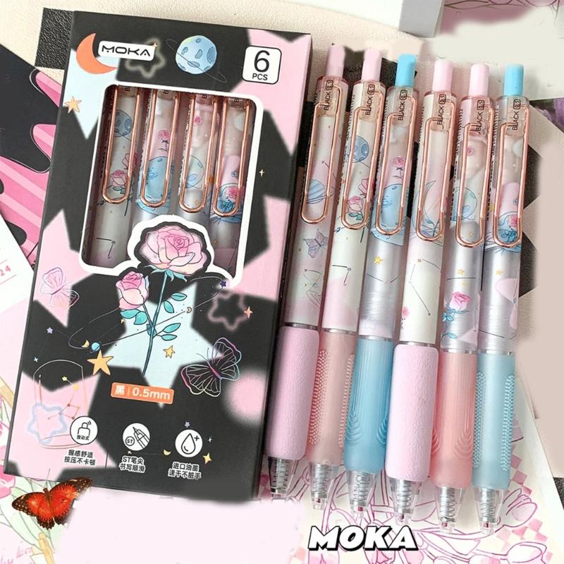 6Pcs Butterfly Gel Pen 0.5MM Tip Quick Dry Ergonomic Grip Retractable Gel Pen Office Supplies for Writing Journaling