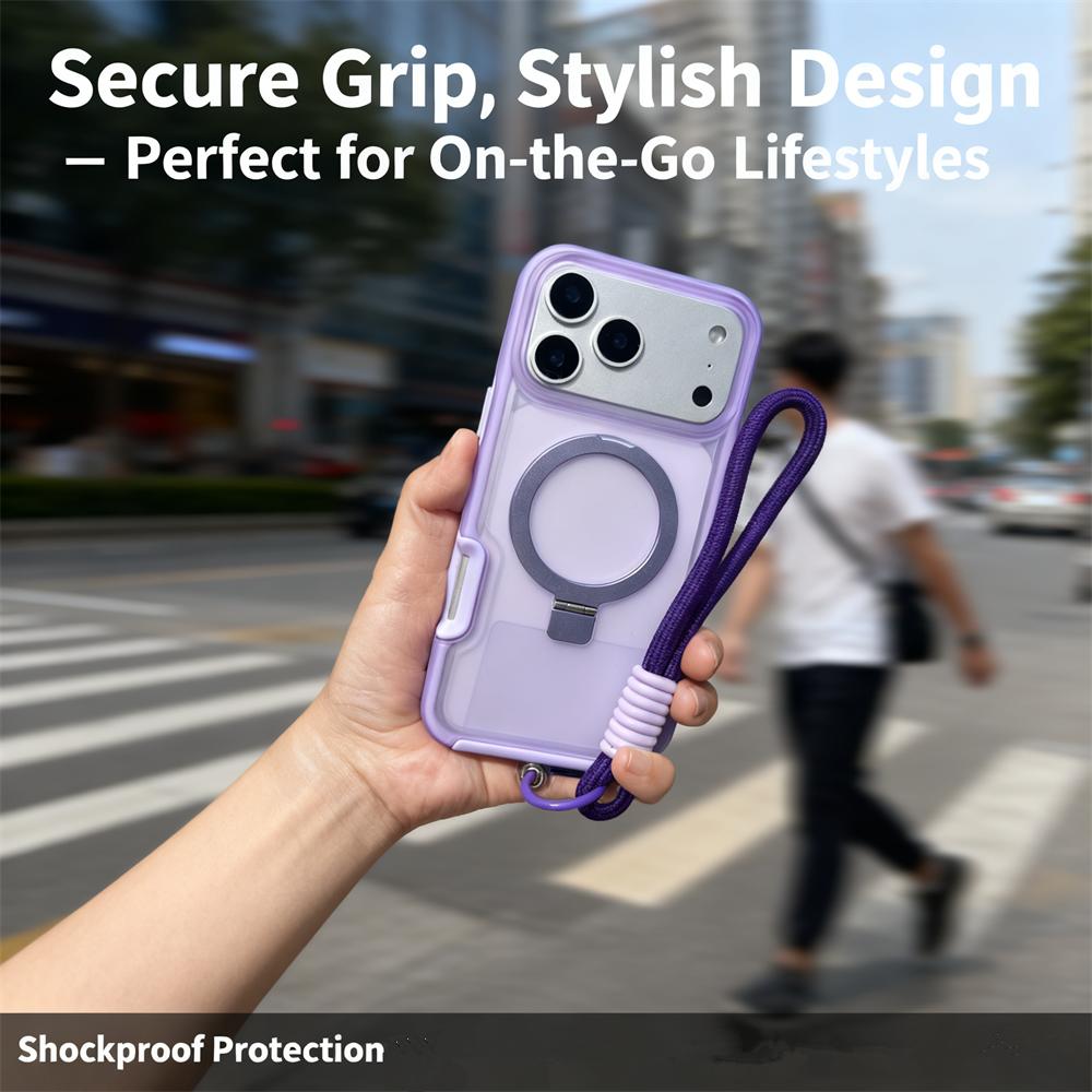 Luxury Magnetic Charging Matte Ott Anti-fall Case For iPhone Air 17 16 15 14 Plus Pro Max TPU+PC With Stand & Hand Strap Shell