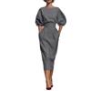 Women Orange Puff Sleeve High Waist Midi Dress with Pockets