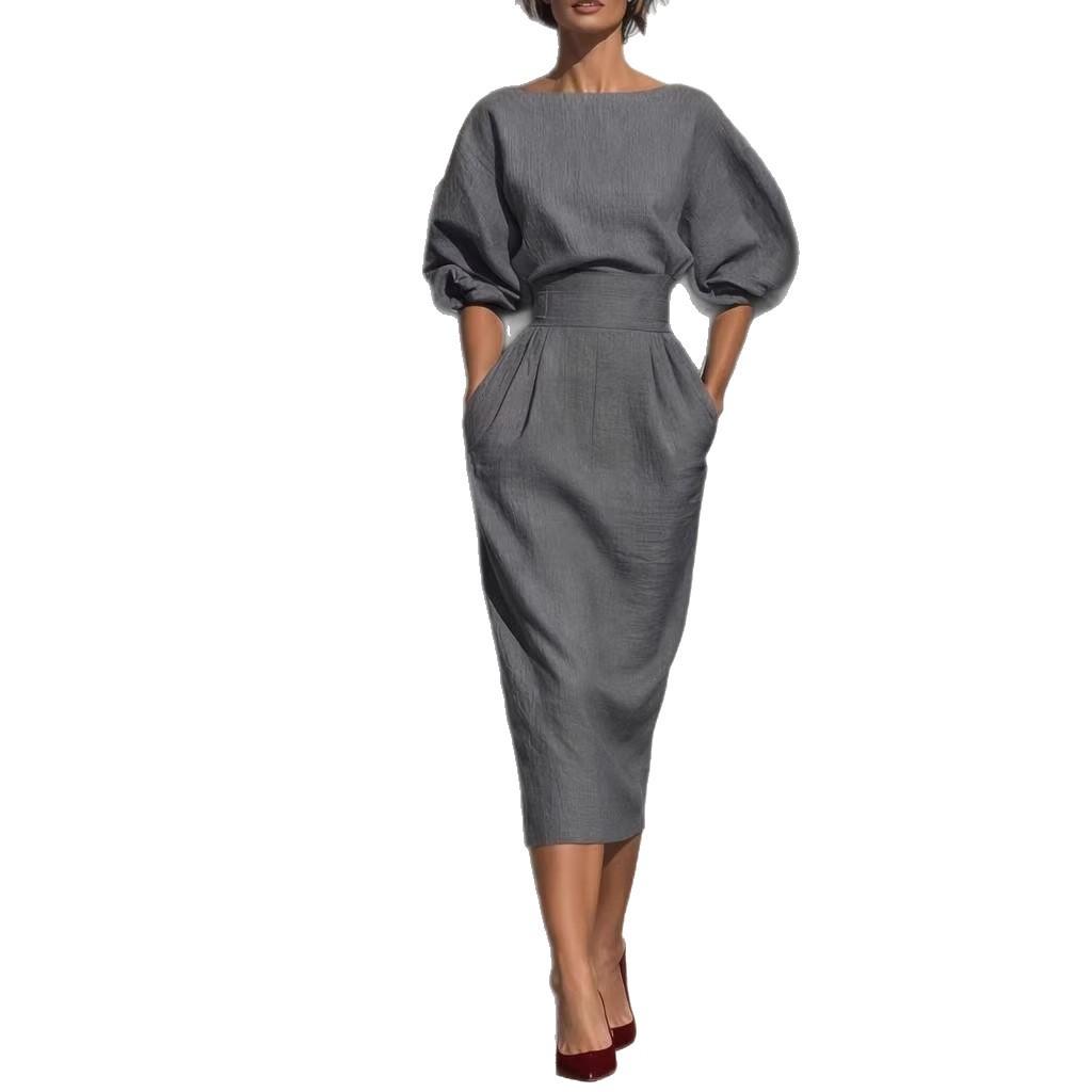 Women Orange Puff Sleeve High Waist Midi Dress with Pockets
