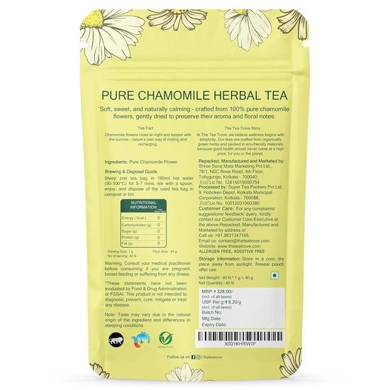 The Tea Trove Pure Chamomile Tea Bags Organic - 40 Eco-Friendly Caffeine Free Camomile tea for sleep | Pack of 1, 40 grams