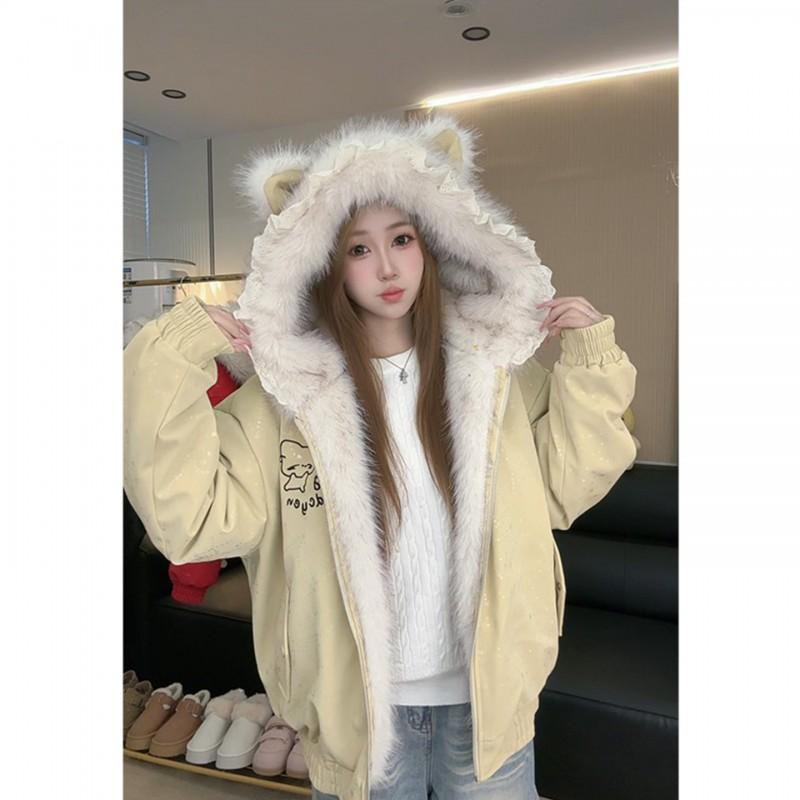 Womens Winter Faux Fur Hooded Cotton Coat Solid Color Loose Fit Thick Warm Jacket