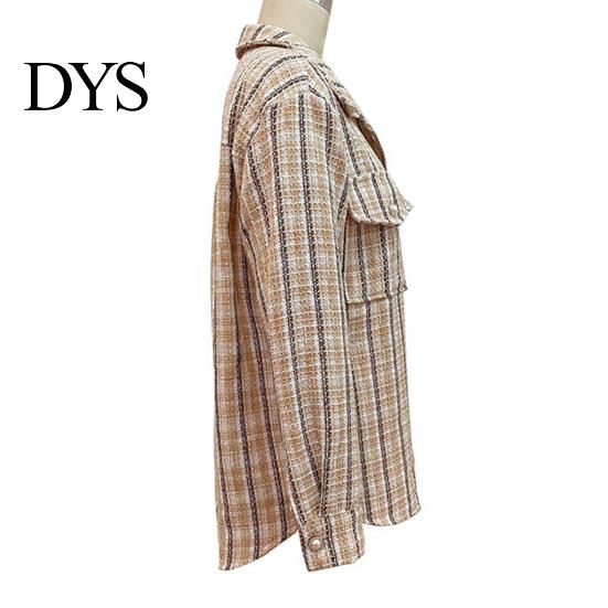 Women Jacket with Pockets Fall Spring Retro Plaid Print Turn-down Collar Single-breasted Striped Cardigan Chest Long Sleeves Loose Commuting