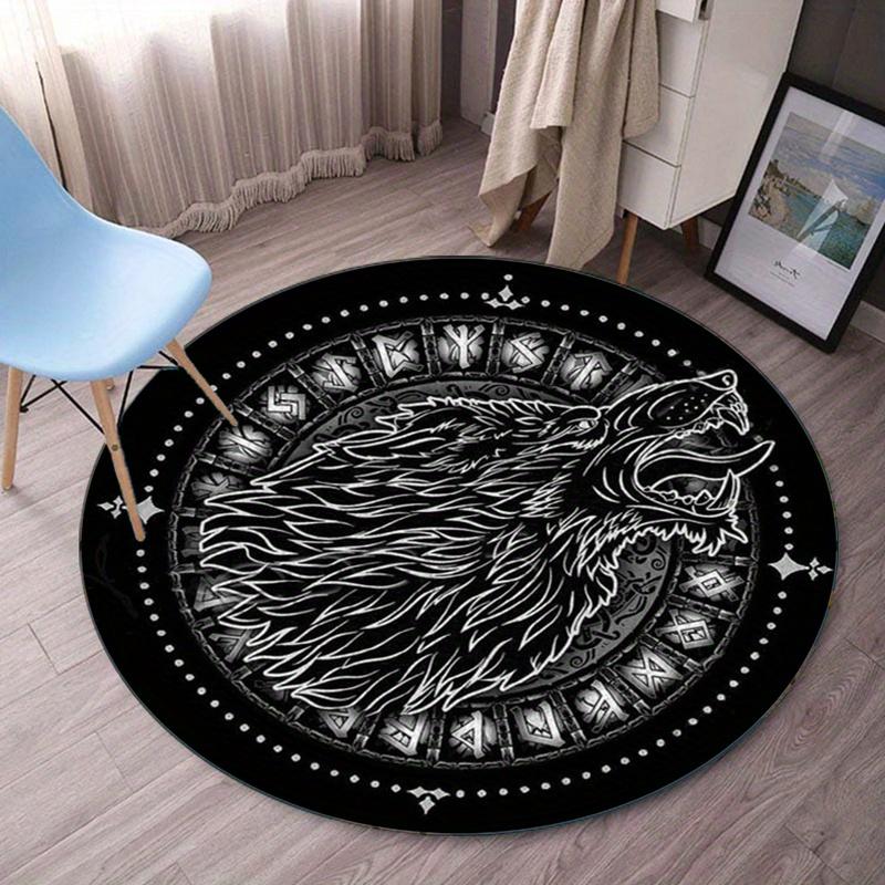 

Wolf head tribalpattern round rug crystal velvet floor mat black whiteanimal print home decor anti slip carpet livingroombedroom 60cm x 60cm