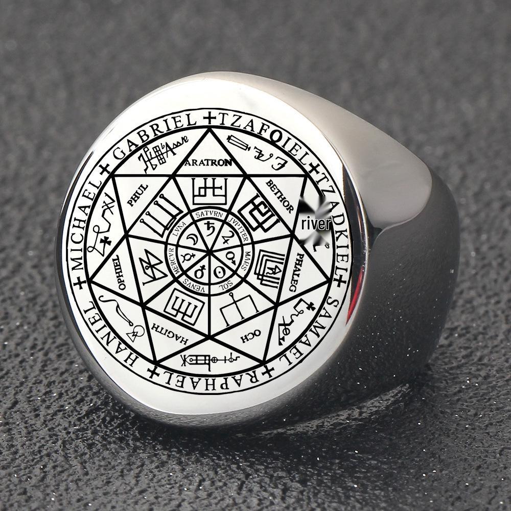 Men's 22MM Polished Titanium Steel Ring with Laser-Etched Seven-Pointed Star Rune