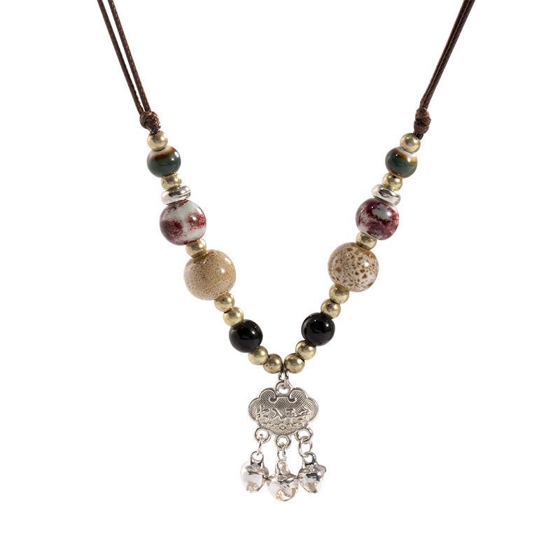 Zen-Inspired Chinese Beaded Necklace with Peace Lock & Butterfly Design – Elegant Clavicle Chain for Women.