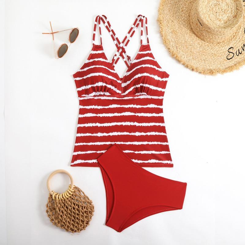 New Split Bikini, Slim Striped Conservative Swimsuit for Women