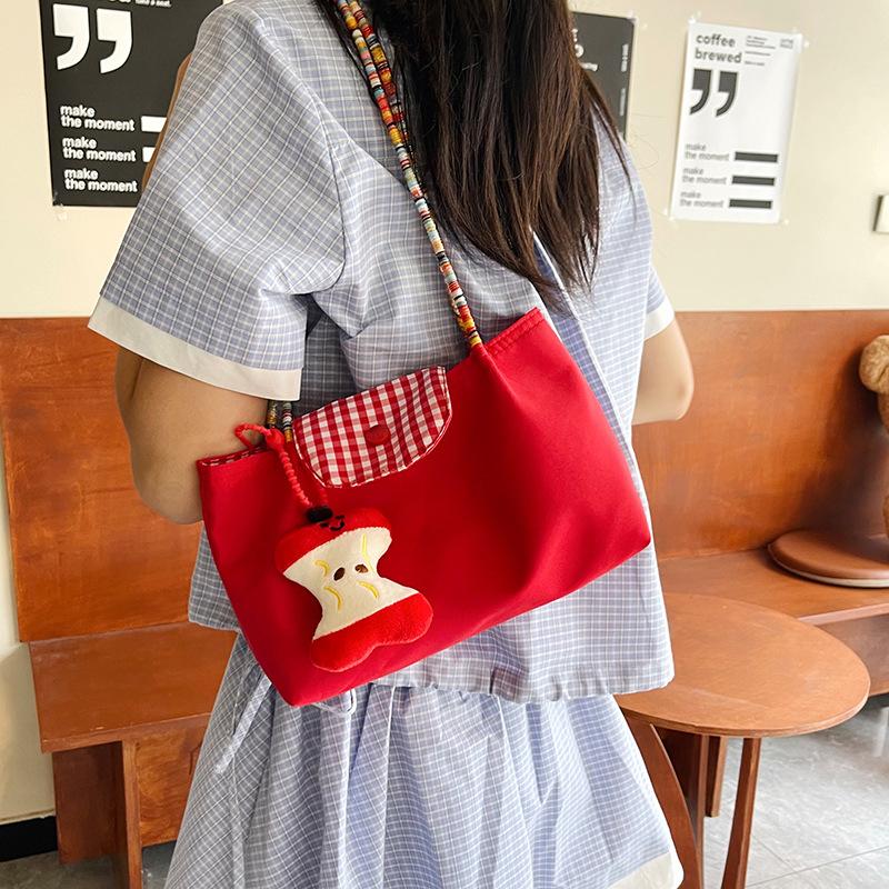 Casual Nylon Plaid Shoulder Bag With Pendant Dopamine Handbag Large Capacity Women Commuter Tote Bag  Trendy Armpit Bags