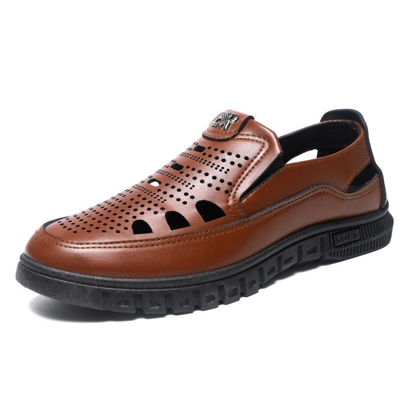 Men's Breathable Hollow Out Clogs for Middle-Aged & Elderly, Anti-Slip Comfort Casual Leather Shoes