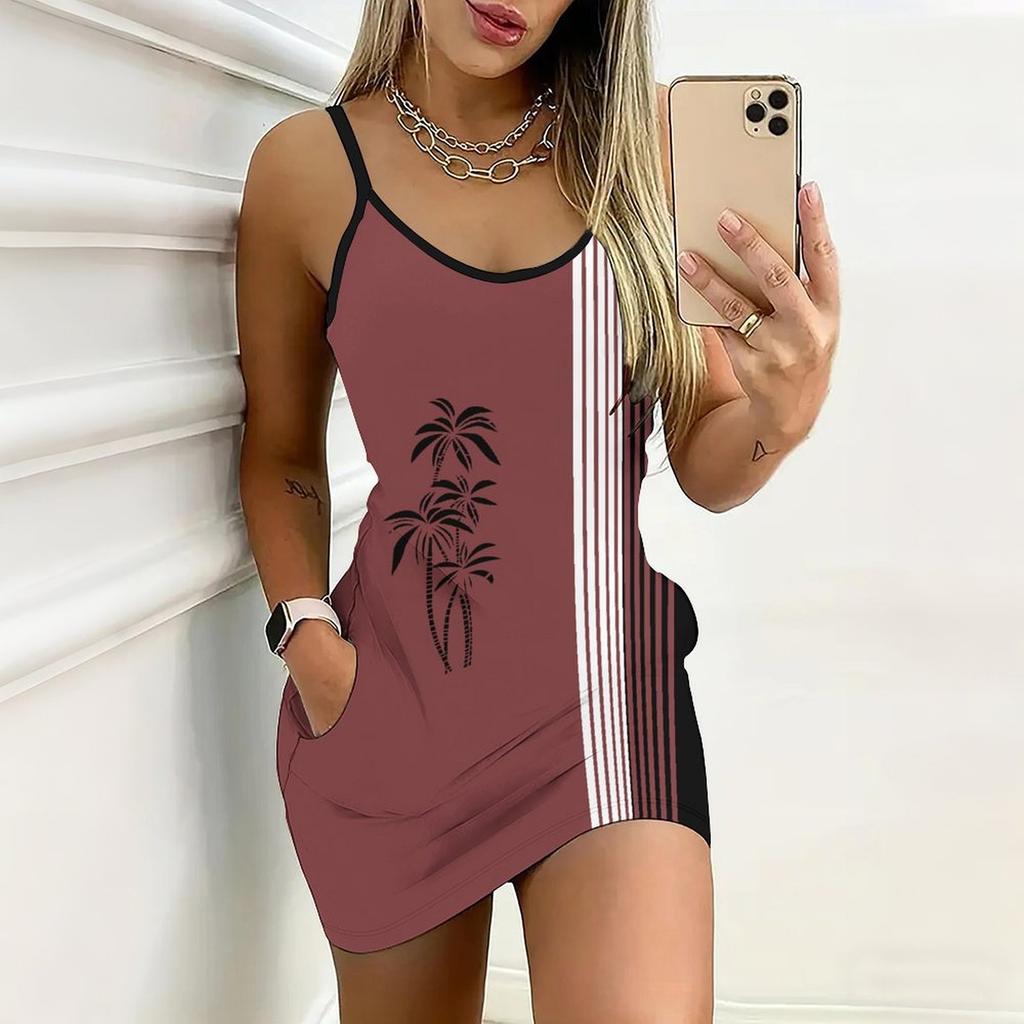 Abito estivo nuovo stile con stampa di palme, senza maniche, aderente, con tasche, sexy, slim fit, elegante, da festa