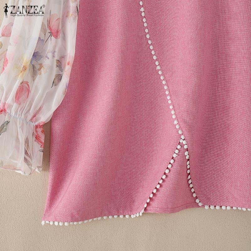 ZANZEA Women Lace Splice Doll Collar Casual Floral Print Half Sleeve Blouse