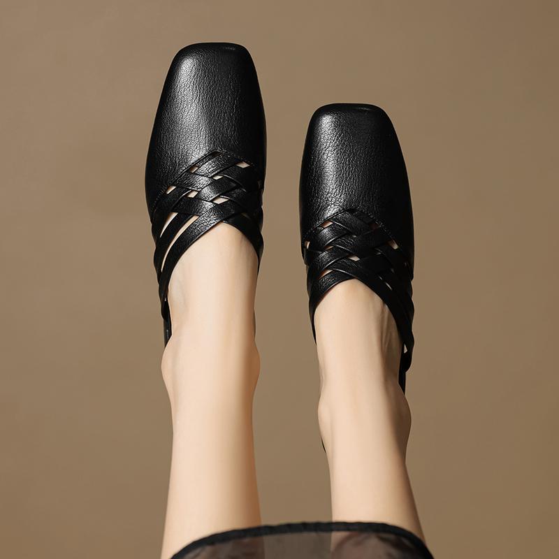 Fashion 2025 Summer New Genuine Leather Retro Semi-drag Mueller Slippers Woman Women's Low-heel Square Toe Casual Shoes Women Slippers