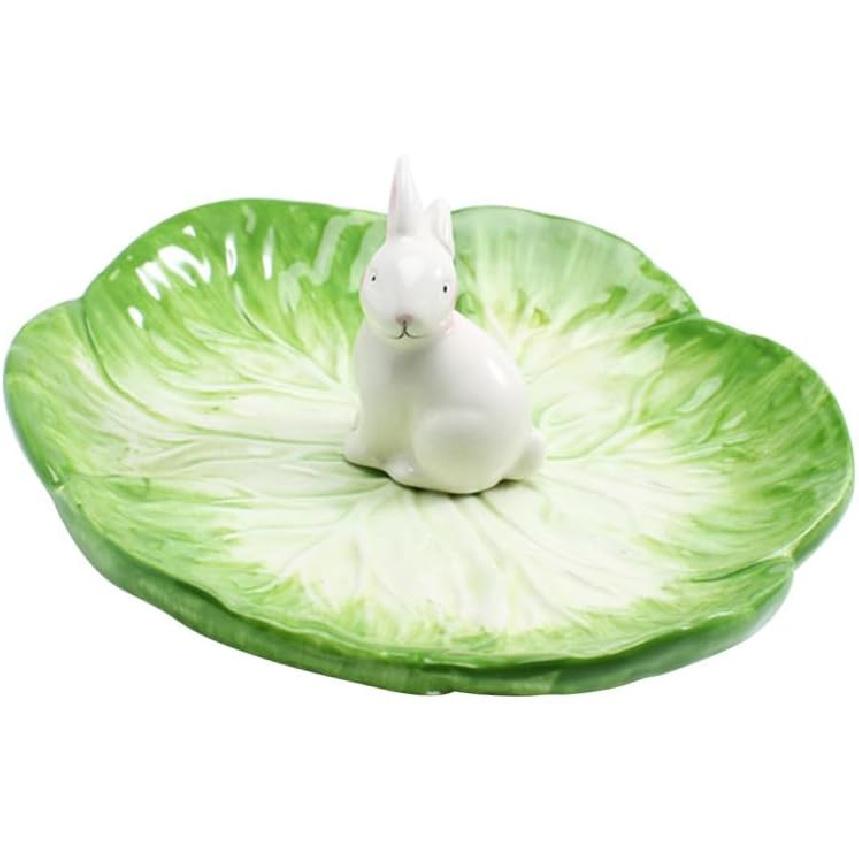 Housoutil Ceramic Rabbit Plates, Easter Cabbage Plate, Green Easter Serving Tray for Dessert Fruit Salad Snacks