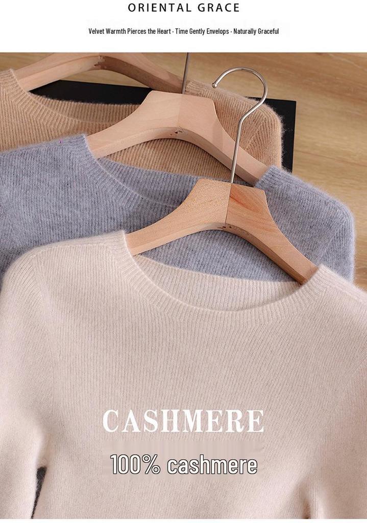 Women's Pure Cashmere Slimming Round Neck Sweater - 2026 Autumn/Winter Seamless Knit Base Layer
