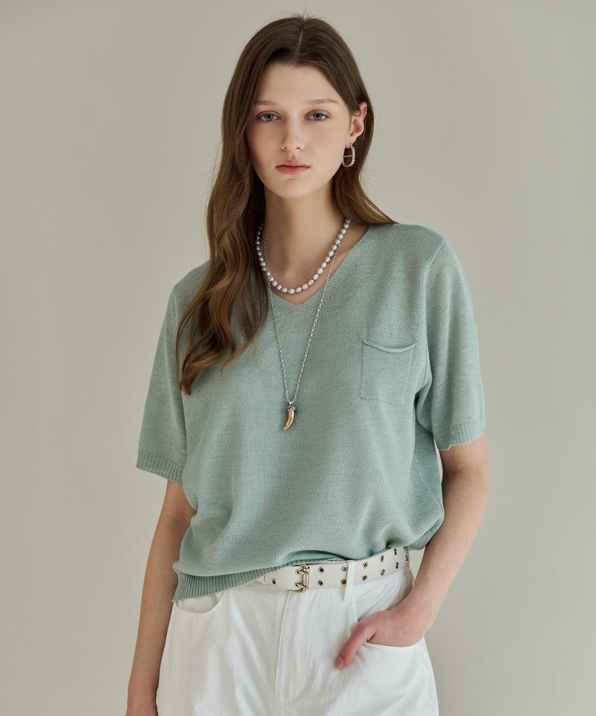 MAXZA Natural Pocket V-Neck Short Sleeve Knit