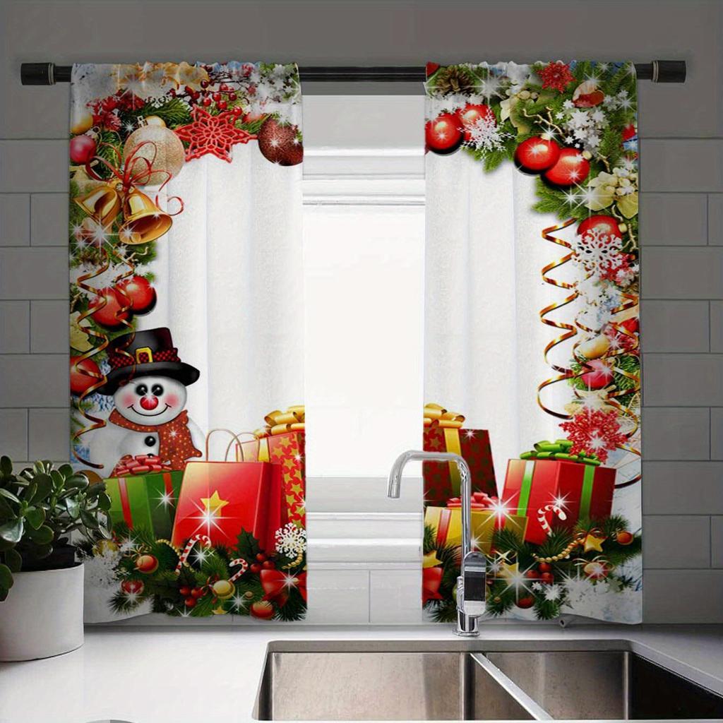 2pcs Christmas Themed Window Drapes Festive Tree Ribbons Lights Gifts Print Semi-Sheer Woven for Kitchen Living Room Bedroom