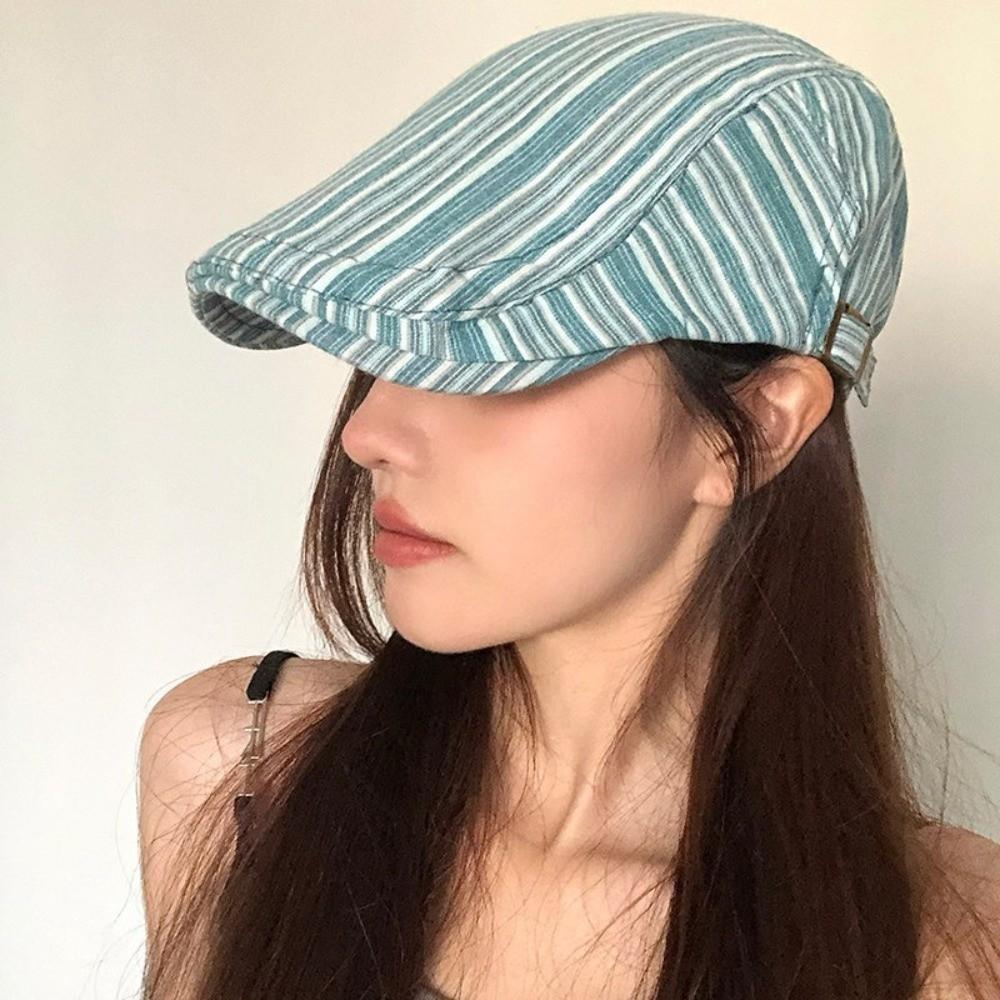 Cotton Striped Forward Hat Adjustable Flat Brim Cap Classic Newsboy Hat Women Men