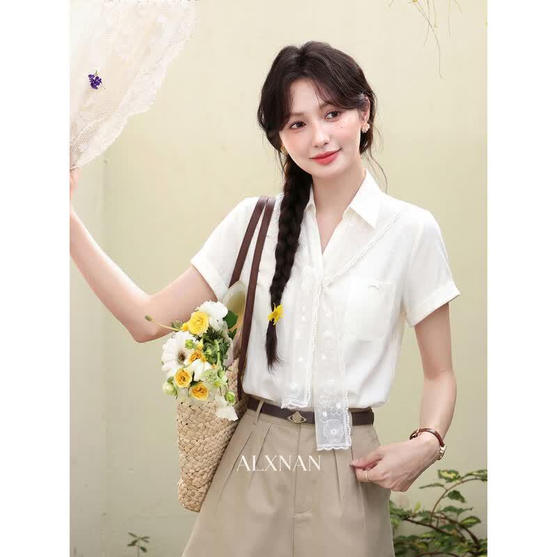 Women's French Style V-Neck Short Sleeve Blouse