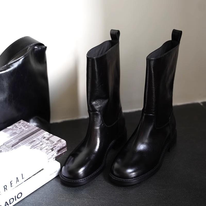 Korean Version of Handmade Cigarette Boots Women's 2025 Autumn and Winter New Leather Boots Medium Boots Retro Straight Knight Boots Single Boots