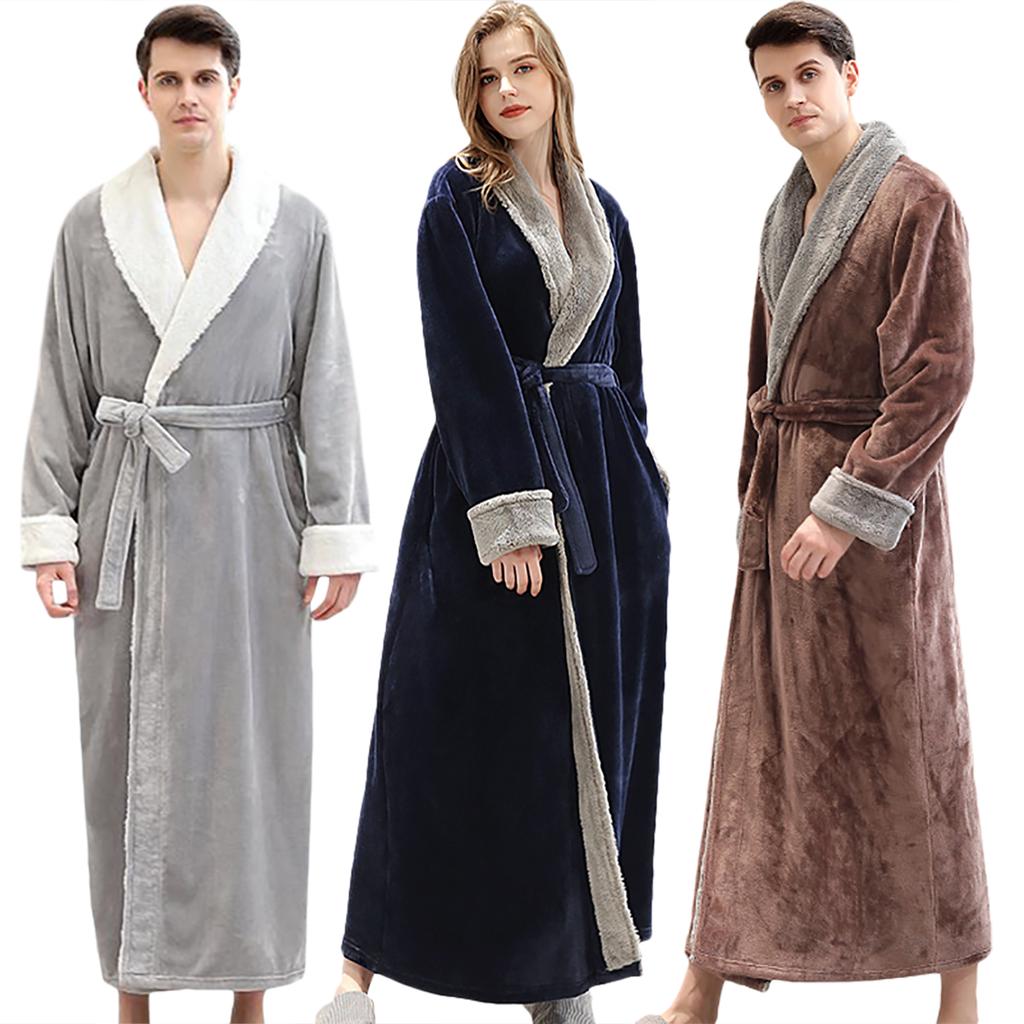 Casual Mens Bathrobes Flannel Robe Solid Long Sleeve Couple Plush