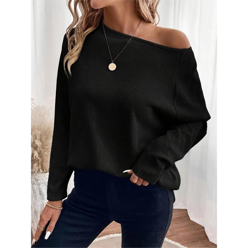 Women S Waffle Knit Off Shoulder Long Sleeve Pullover Top