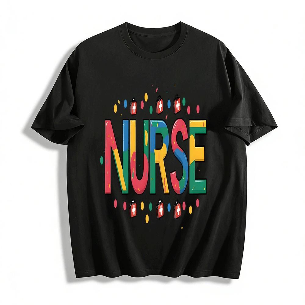 Fun Color Block Nurse Themed Graphic Casual T-Shirt Pure cotton T-shirt XXS