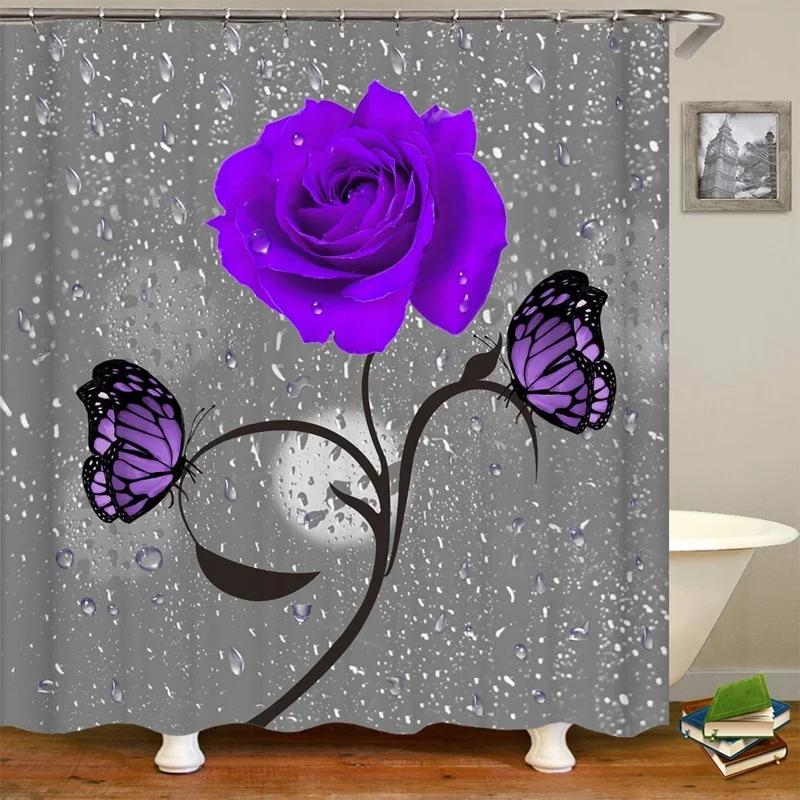 Blooming Flowers Rose Butterfly Shower Curtain Waterproof Modern Bathroom Decor, Waterproof Fabric Shower Curtain with Hooks