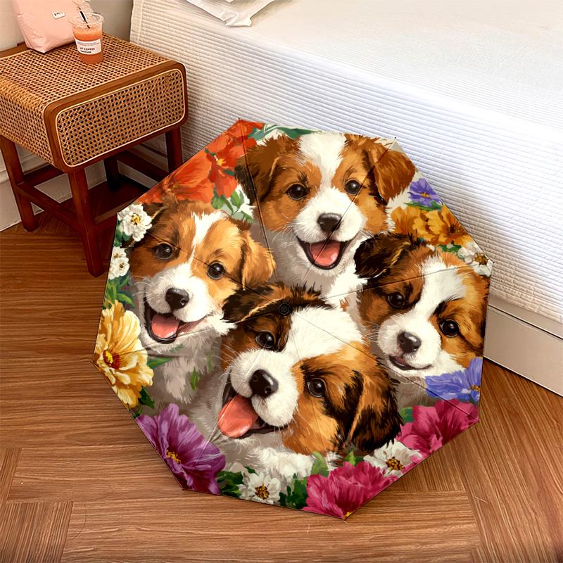 0106 Dog In Flower Bush  Pattern, Automatic Folding Umbrella, Portable and Foldable Design, 8 Ribs, a Christmas or Birthday Gift.