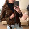 Women Jacket Solid Color Faux Leather Windproof Loose Lady Coat for Motorcycle Riding