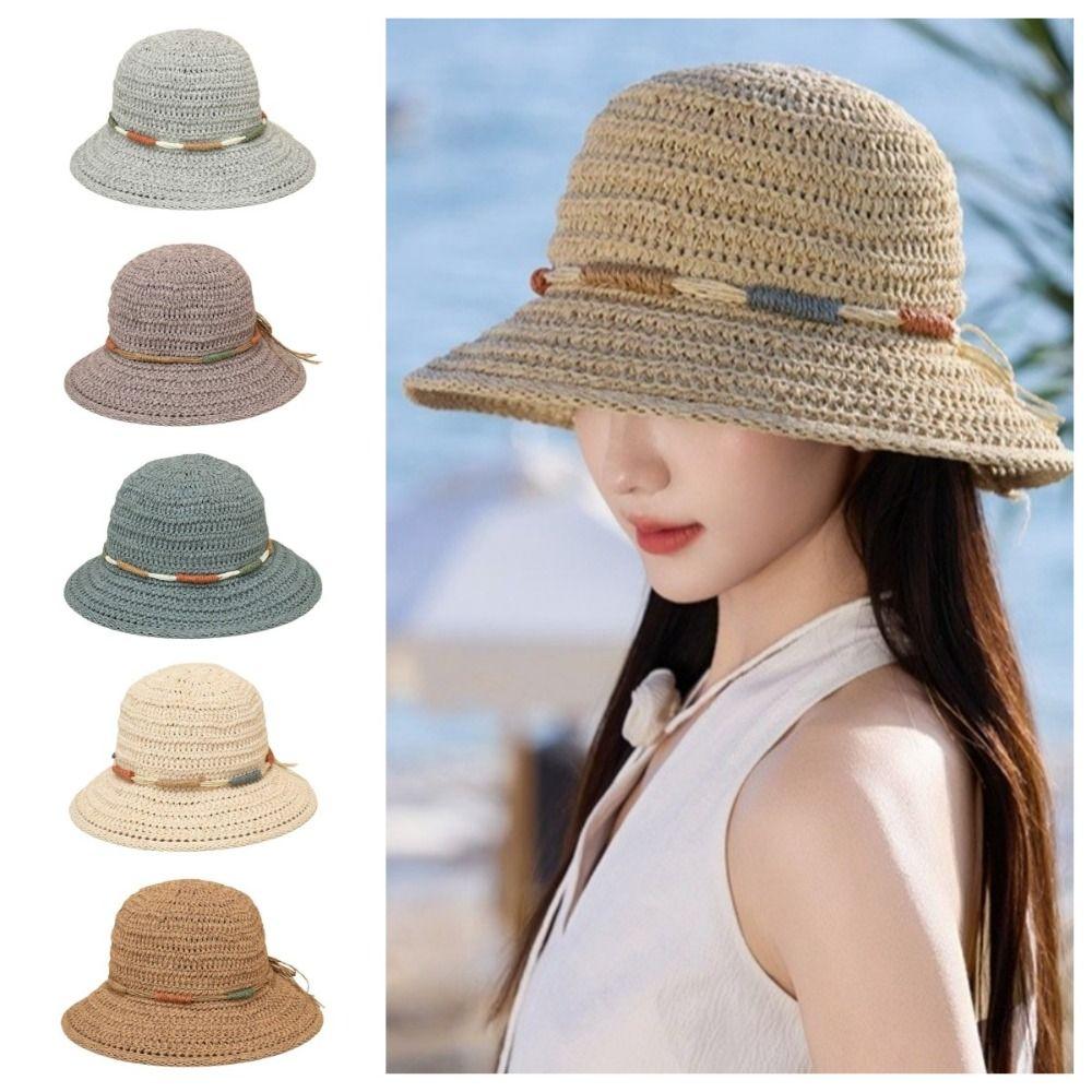 Bohemian Sunscreen Bucket Hat Wide Brim Fisherman Hat Elegant Straw Weave Sun Hat  Outdoor