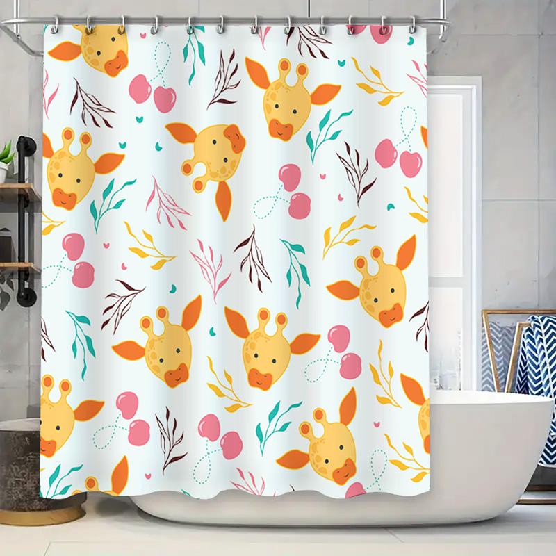 

Animal Print Shower Curtain For Kids Bathroom Decor Orange Giraffe Design With Cherry Patterns In Yellow Pink Floral Style For H W60H190(CM)-1 Pcs