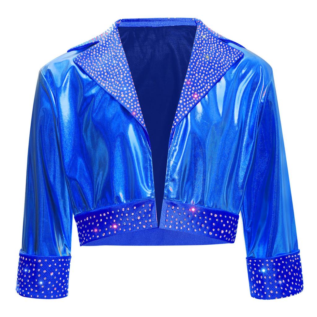 Mädchen Reverskragen Langarm Glänzende Strasssteine Metallische Jacke Jazz Dance Oberbekleidung