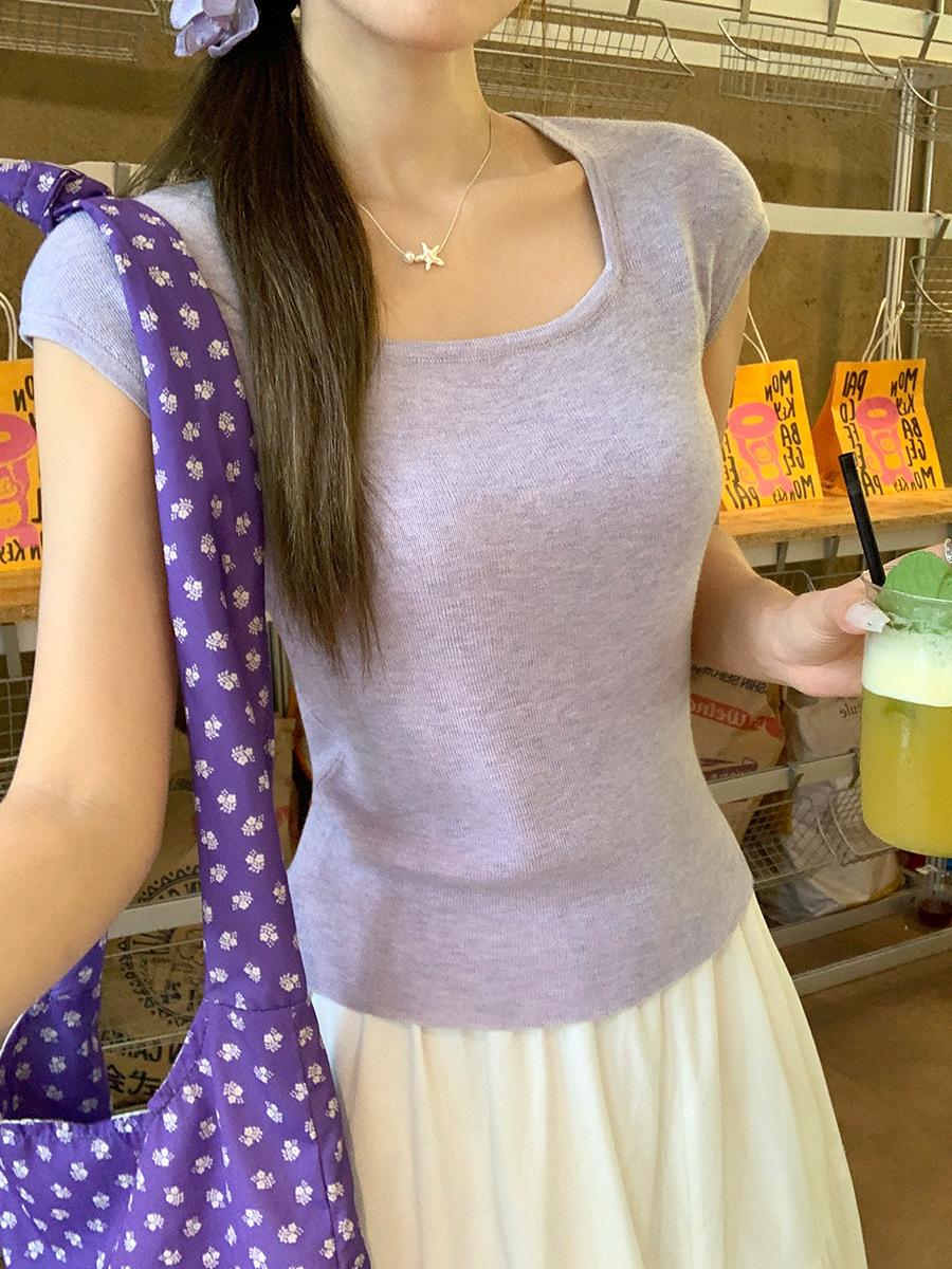

Purple square collar with exposed collarbone knitted short-sleeved t-shirt women s summer new slim-fitting and thin temperament Spice Girl top One size fits all фиолетовый