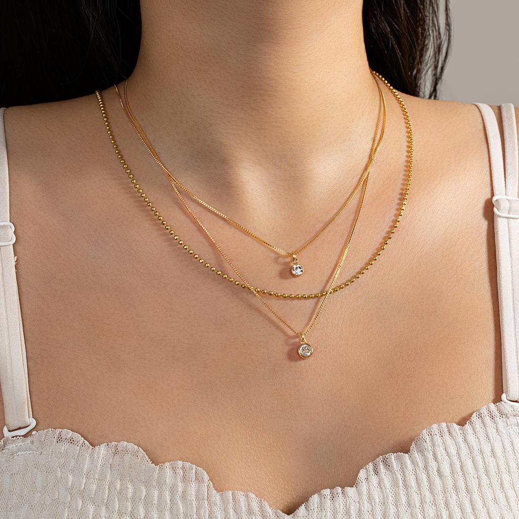 3 Fashionable and Simple Round Buckle Zircon Pendant Chains with Multi-layer Stacking Design for Women's Necklaces