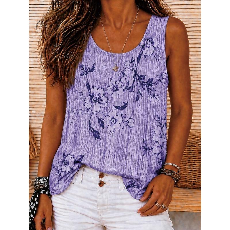 Women's Summer Tops Tank Floral Graphic Plants Sleeveless Crew Neck Round Regular Tops Casual Summer Spring