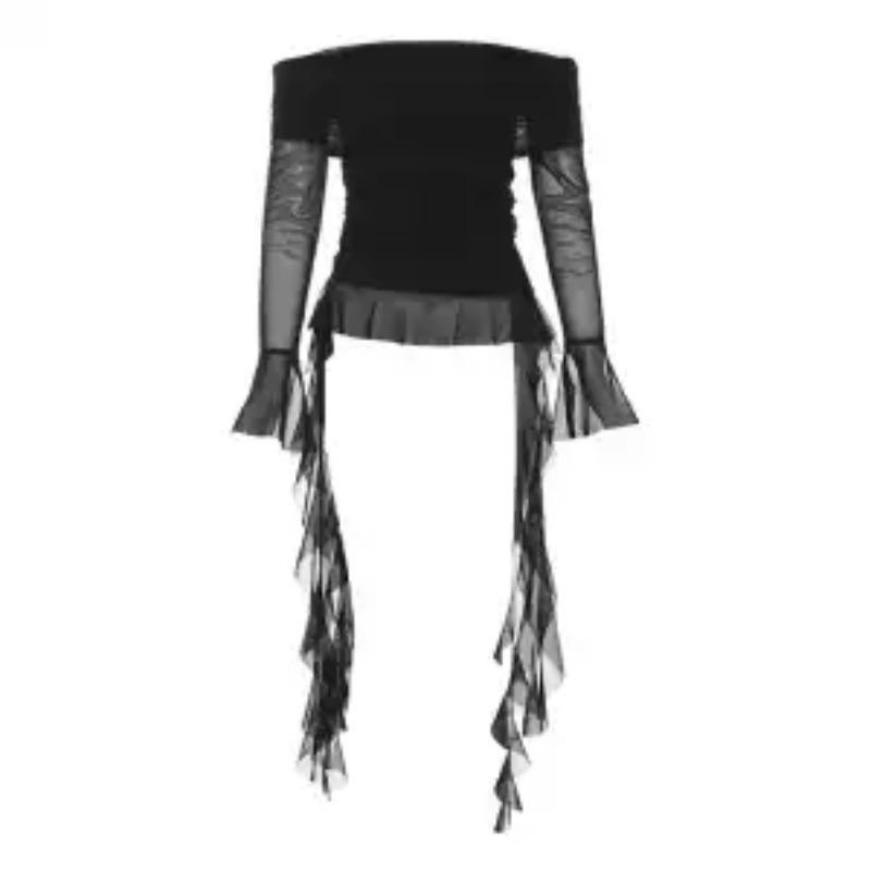 Women's Gothic Off-Shoulder Ruffle Top Mesh Long Sleeve Ruched Ruffle Trim BlouseCasual