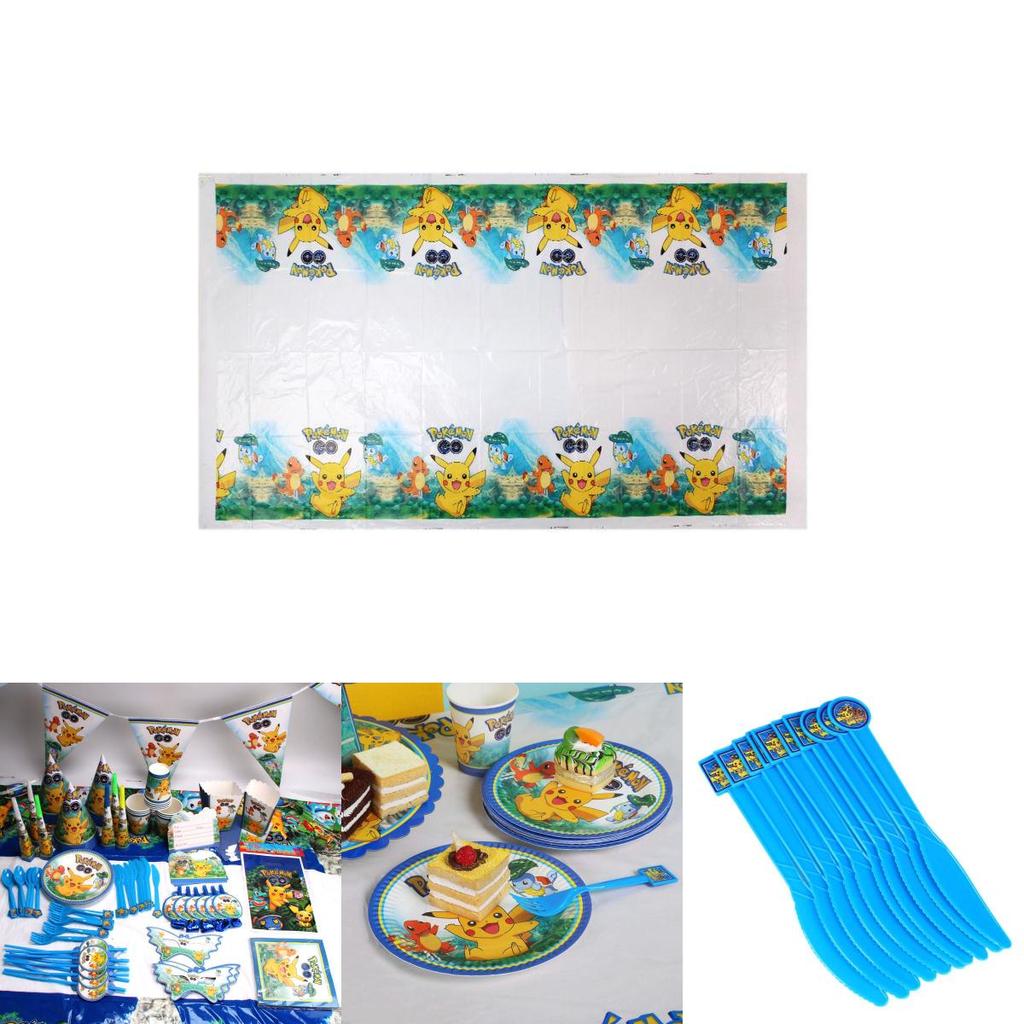 Pokmon Pikachu Complete Party Set With Paper Banners Plates Hats For Kids Birthday Decorations