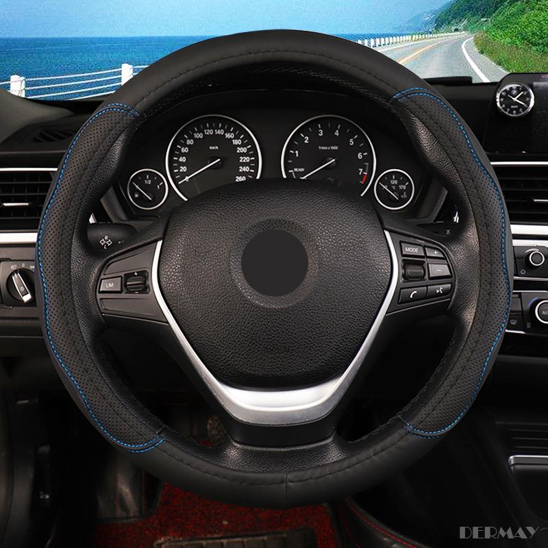 DERMAY 36cm 38cm 40cm 42cm Car Steering Wheel Covers PU Leather Blue line for Car Bus Truck Customized Large/Small Size