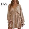 Lightweight Dress Lady Club Party Deep V Neck Shimmering Sequin Loose Solid Slimming V-neck Color Long Sleeve Bow Lace-up Strap Look Mini