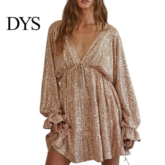 Lightweight Dress Lady Club Party Deep V Neck Shimmering Sequin Loose Solid Slimming V-neck Color Long Sleeve Bow Lace-up Strap Look Mini