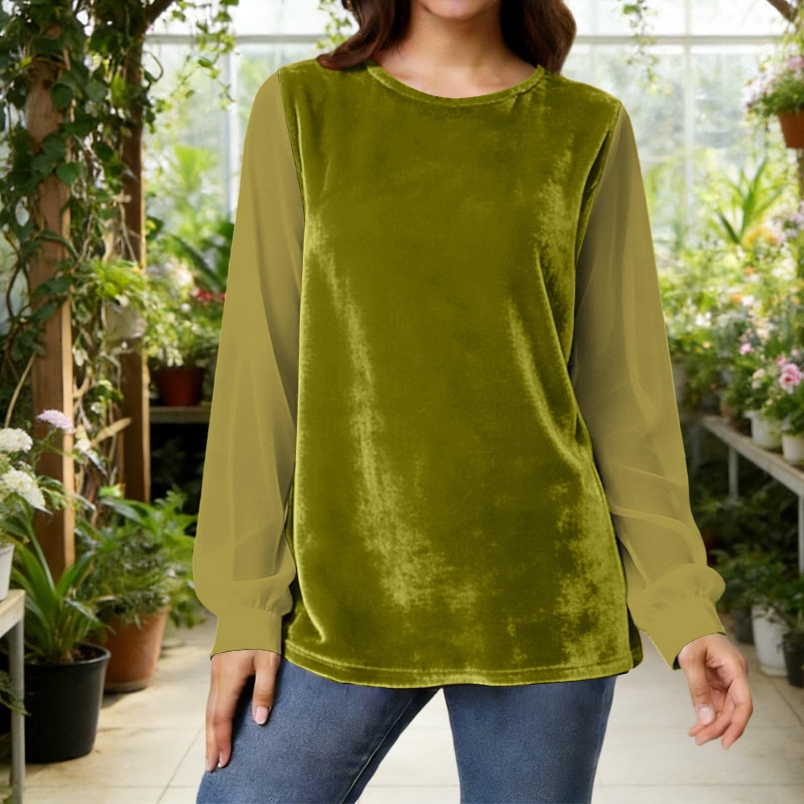 

Women Long Sleeve Velvet Tops Crewneck Casual Loose Velour Blouses XXL зелений