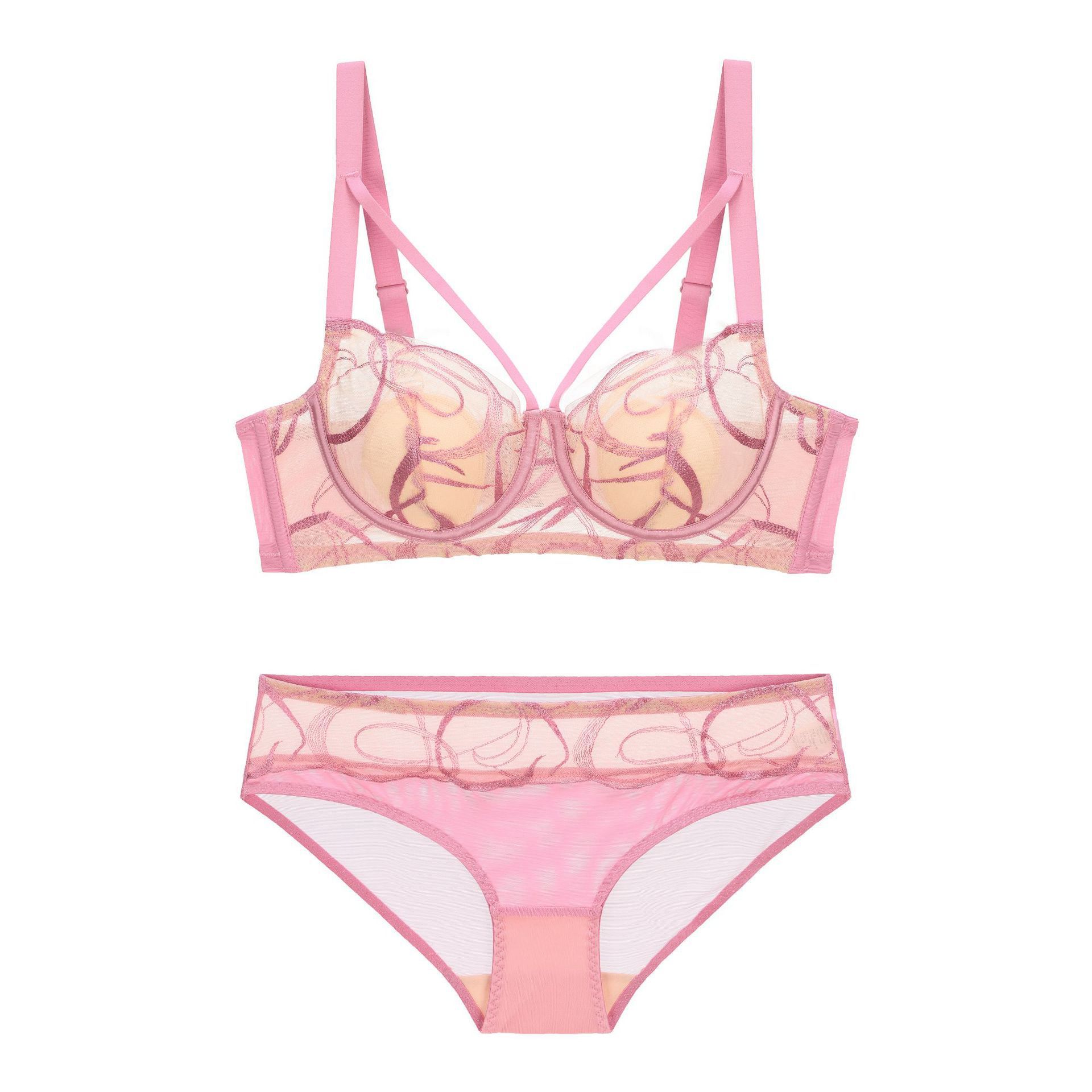 

French underwear female sexy ink painting embroidery lace bra thin cotton rabbit ears cup big chest small bra 85C рожевий