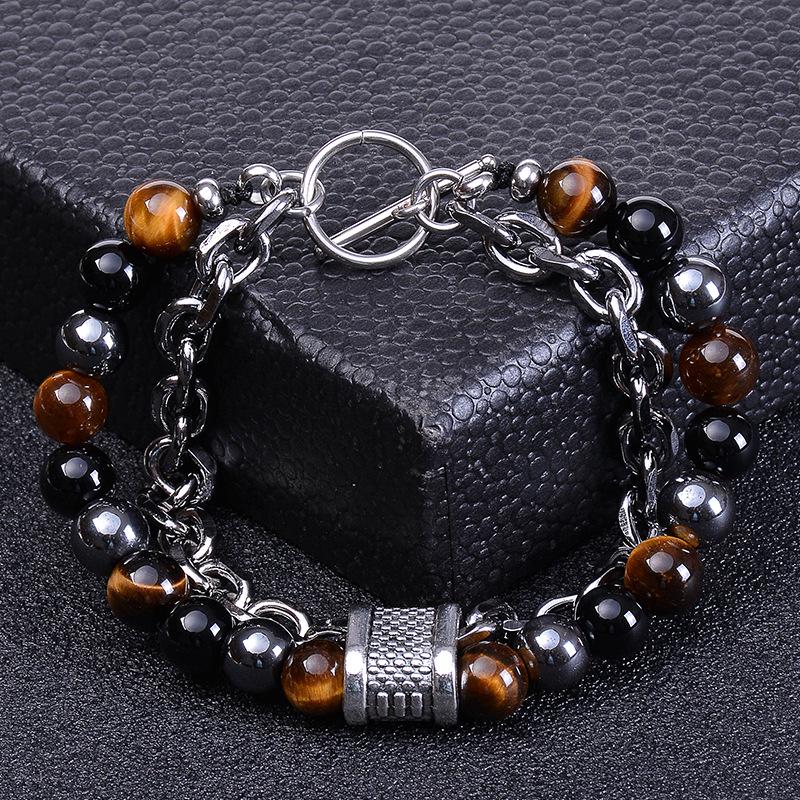 Men's Natural Tiger Eye Stone & Stainless Steel Chain Bracelet