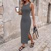 Women Summer Sleeveless Backless Black White Striped Slit High Waist Bodycon Long Dress