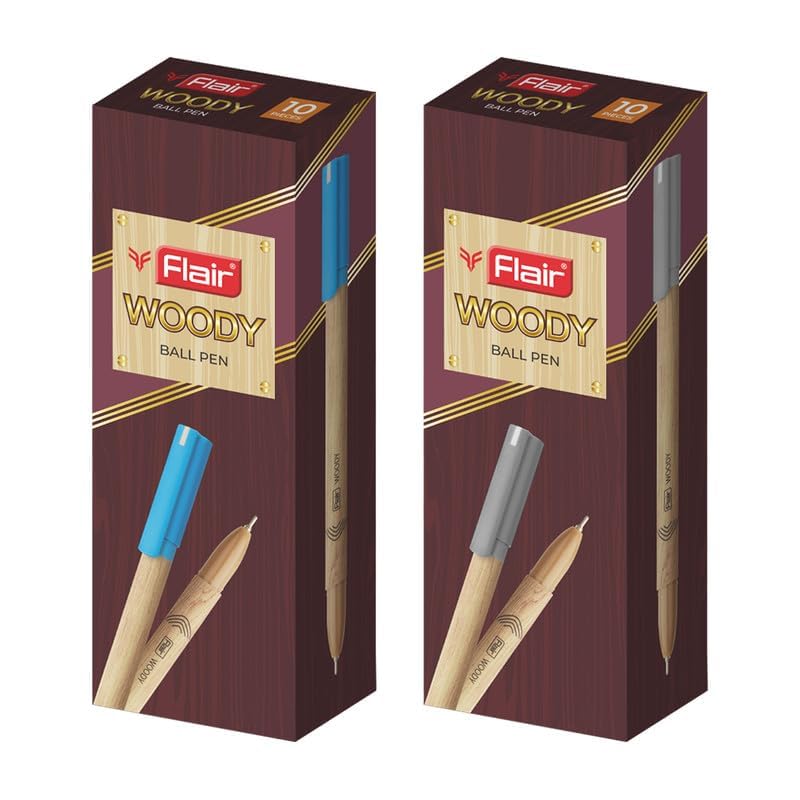FLAIR Woody 0.7 mm Ball Pen Combo Pack of 2 x 10 pcs Blue & Black Ink Pens Attractive Woody Design For Office Home & School Use