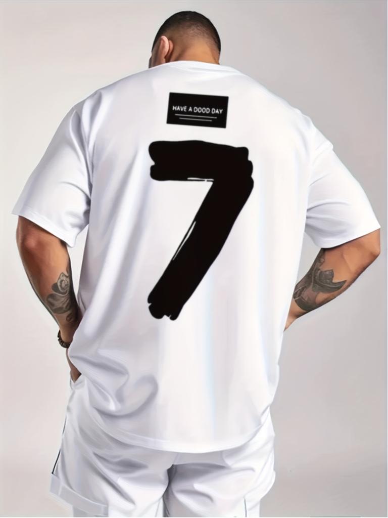 Edgy Brushstroke "7" Number Tee with Minimalist "Have A Good Day" Patch Print Men's T-shirt Summer Streetwear