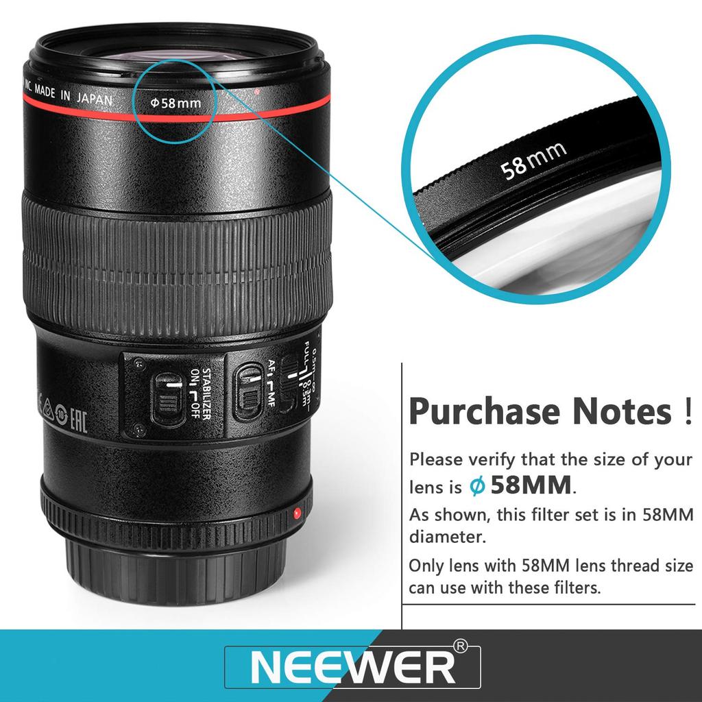 NEEWER 58mm Filter Lens Accessory Includes Filters Tulip Lens Folding Rubber Lens Lens and Filter Pouch ND/CPL/UV/FLD/Close-Up + Kit ND2, ND4, ND8,